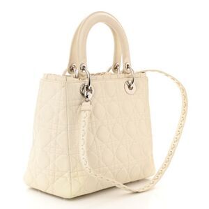 CHRISTIAN DIOR  Lambskin Cannage Ruffle Trim Medium Lady Dior Off White
